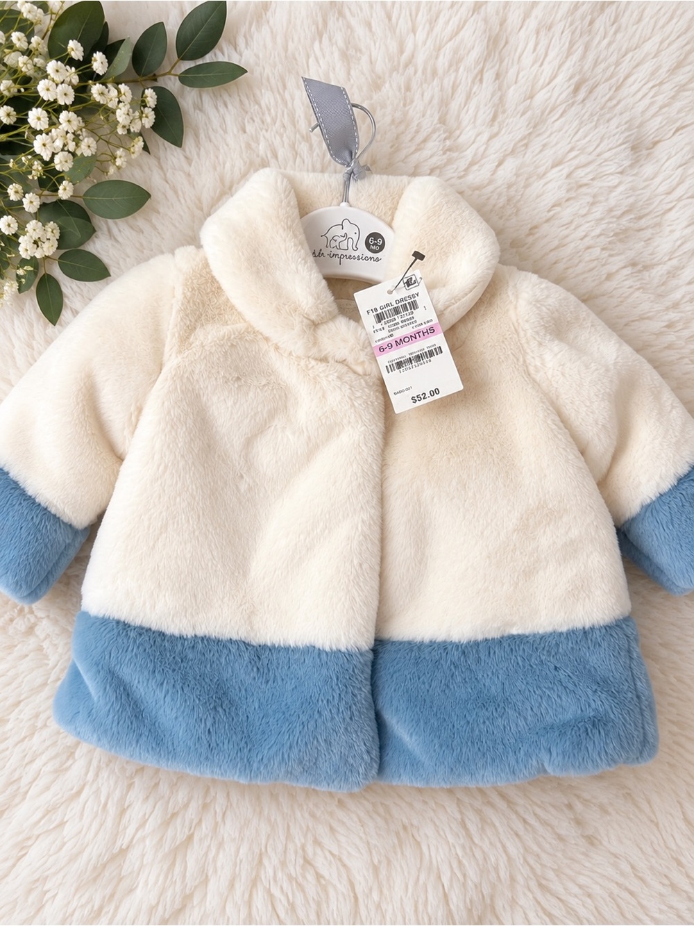First Impressions Cream & Light Blue Plush Baby Pea Coat